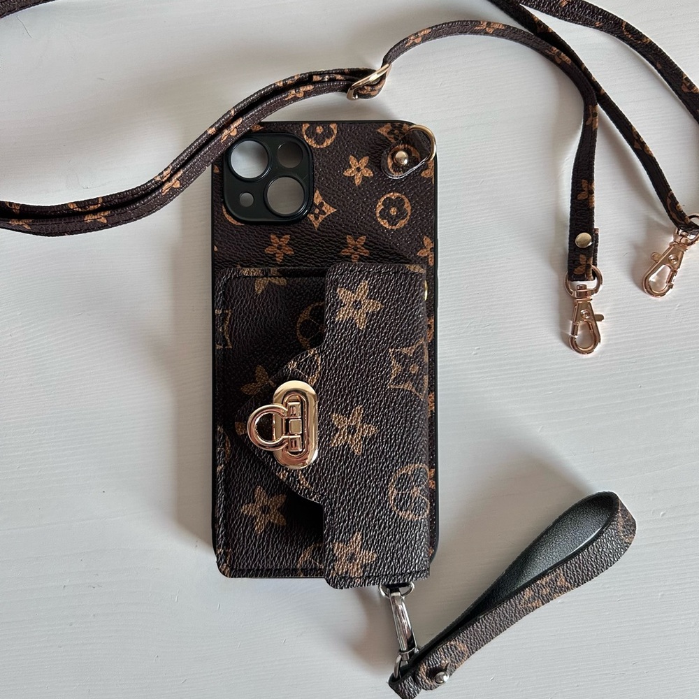 Luxury Designer Phone Case with Strap - Brown 14 plus